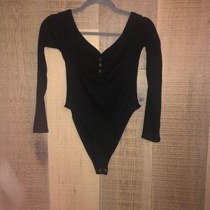 Ribbed Black Henley Bodysuit